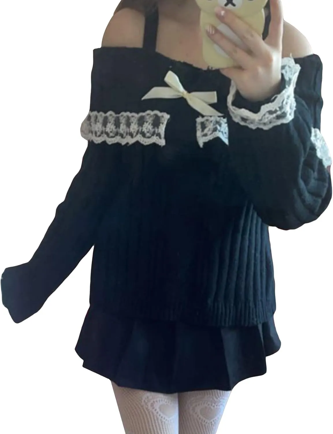 Women Off Shoulder Top Y2K Long Sleeve Lace Trim Knit Shirt Fashion Cute Solid Pullover Sweater