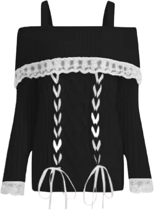 Women Off Shoulder Top Y2K Long Sleeve Lace Trim Knit Shirt Fashion Cute Solid Pullover Sweater
