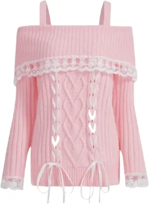 Women Off Shoulder Top Y2K Long Sleeve Lace Trim Knit Shirt Fashion Cute Solid Pullover Sweater