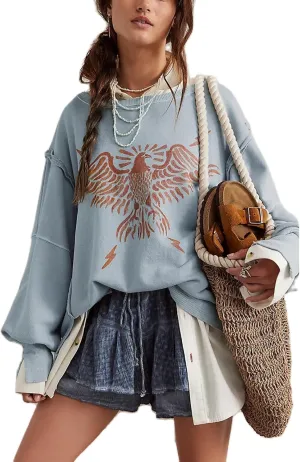 Women Oversized Graphic Sweatshirt Y2k Long Sleeve Vintage Crewneck Shirt Top Drop Shoulder Sweater Pullover