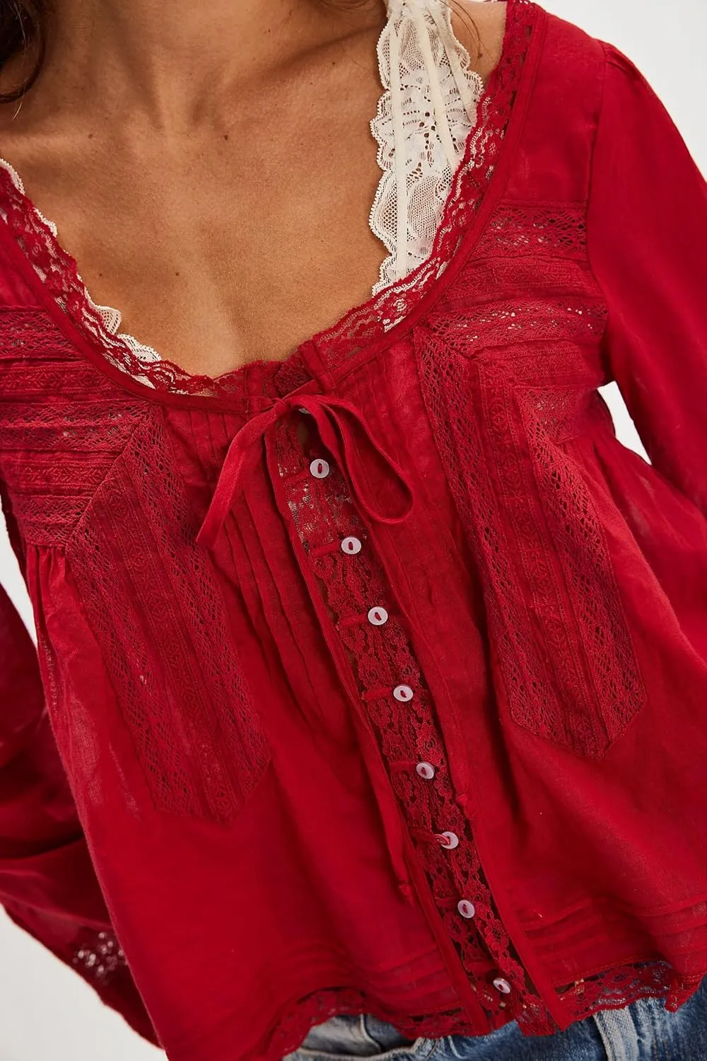 Women Tie Front Long Sleeve Top Lace Trim Button Shirt Square Neck Loose Blouse Going Out Y2k Coquette Clothes