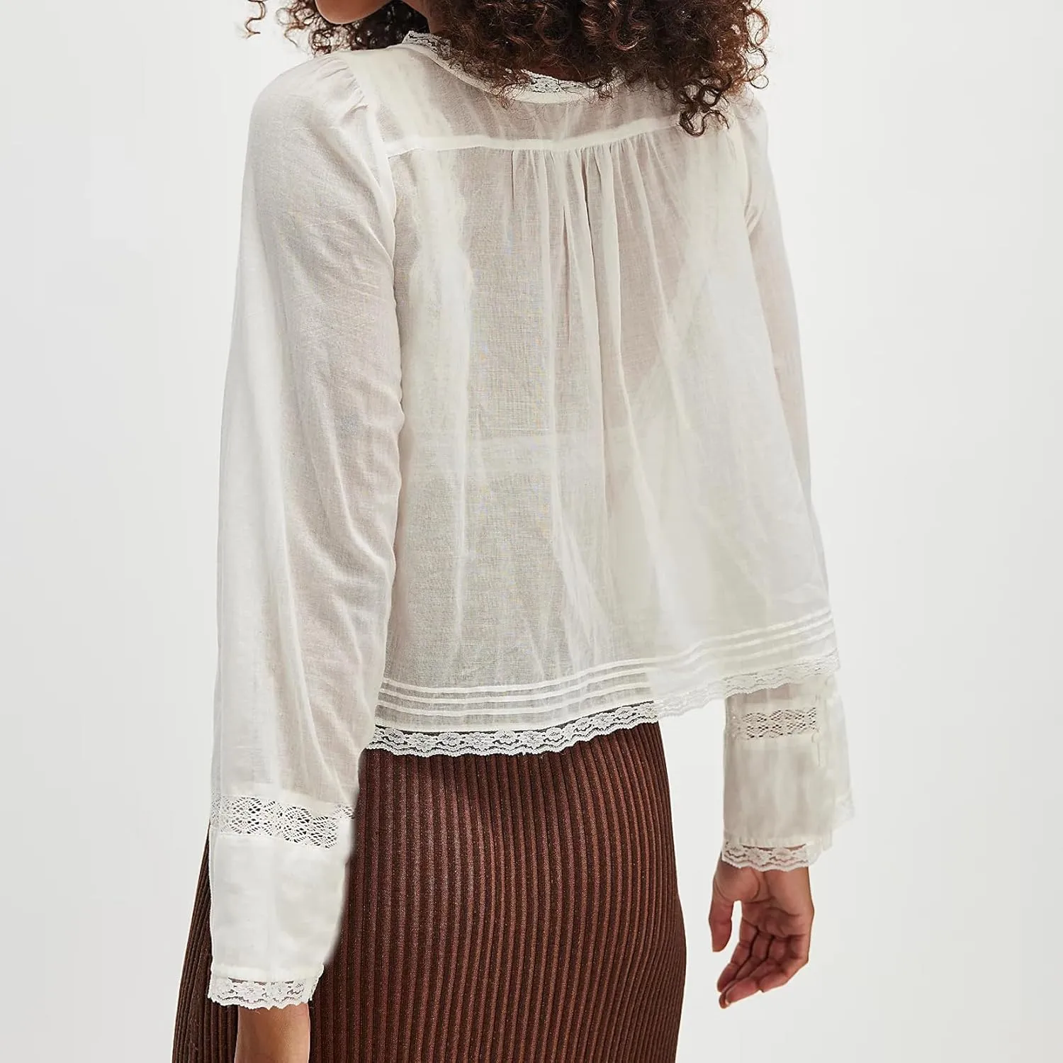 Women Tie Front Long Sleeve Top Lace Trim Button Shirt Square Neck Loose Blouse Going Out Y2k Coquette Clothes