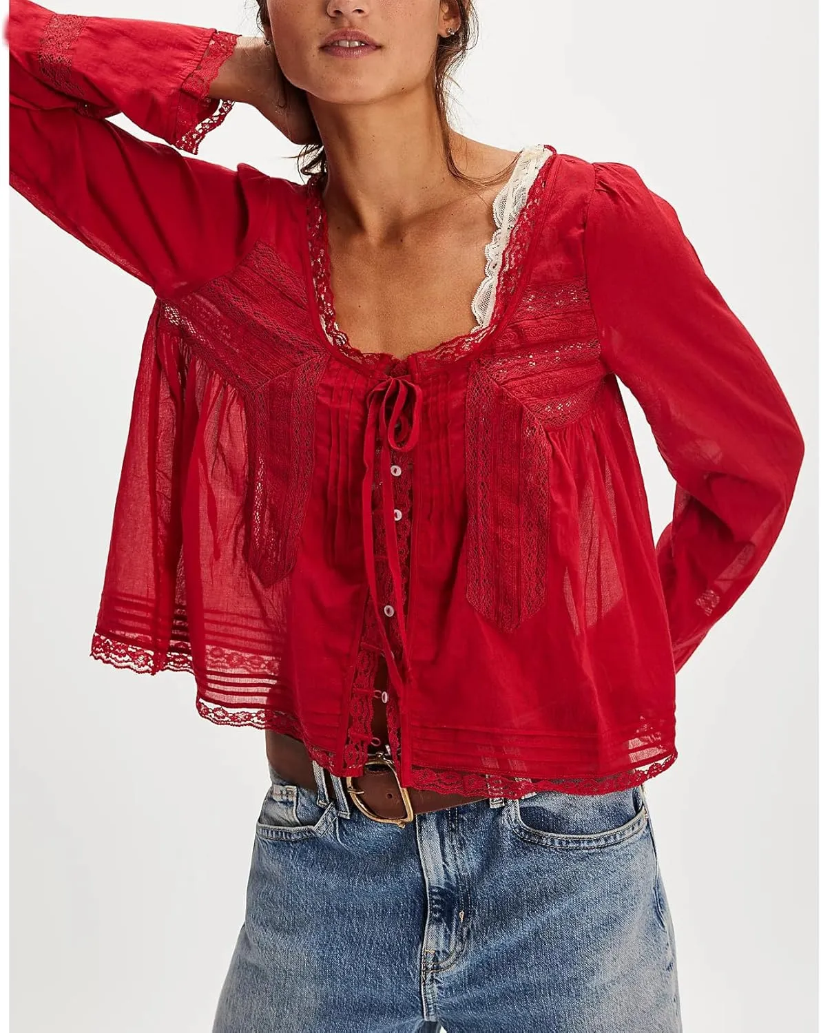 Women Tie Front Long Sleeve Top Lace Trim Button Shirt Square Neck Loose Blouse Going Out Y2k Coquette Clothes