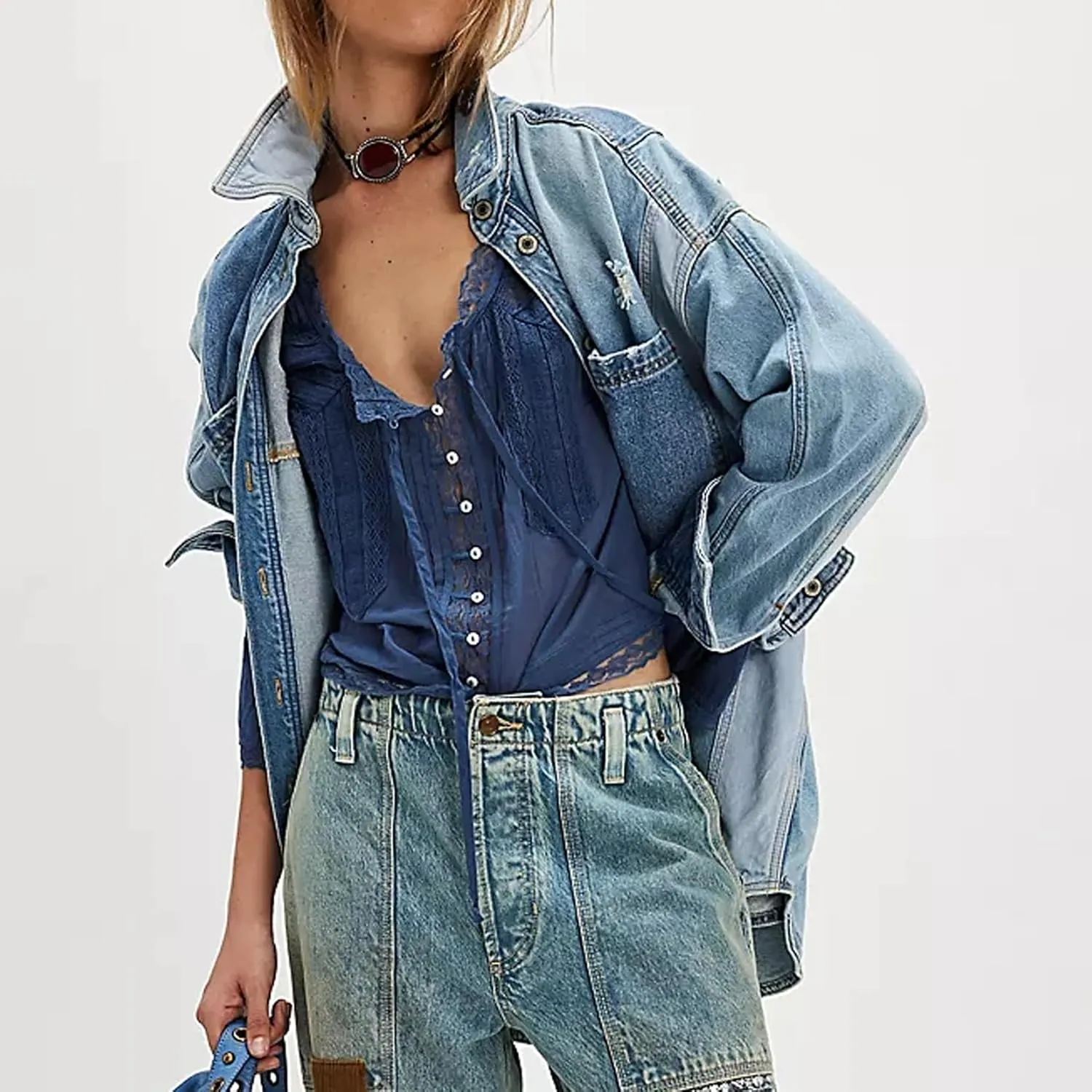 Women Tie Front Long Sleeve Top Lace Trim Button Shirt Square Neck Loose Blouse Going Out Y2k Coquette Clothes