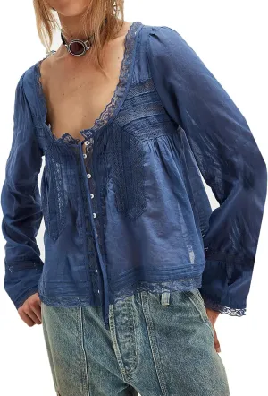 Women Tie Front Long Sleeve Top Lace Trim Button Shirt Square Neck Loose Blouse Going Out Y2k Coquette Clothes