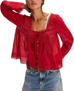 Women Tie Front Long Sleeve Top Lace Trim Button Shirt Square Neck Loose Blouse Going Out Y2k Coquette Clothes