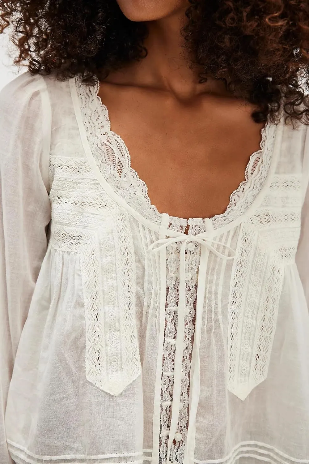 Women Tie Front Long Sleeve Top Lace Trim Button Shirt Square Neck Loose Blouse Going Out Y2k Coquette Clothes