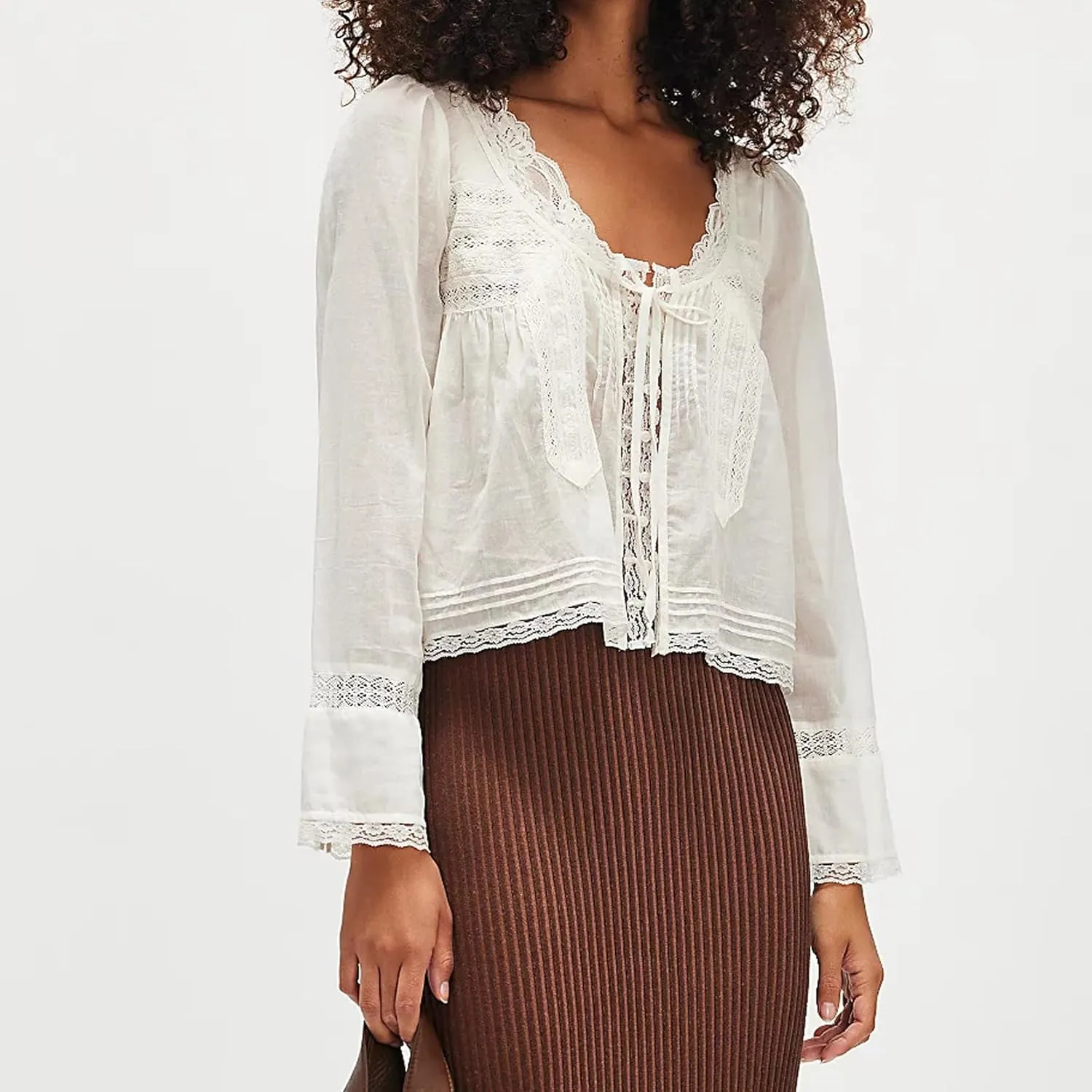 Women Tie Front Long Sleeve Top Lace Trim Button Shirt Square Neck Loose Blouse Going Out Y2k Coquette Clothes