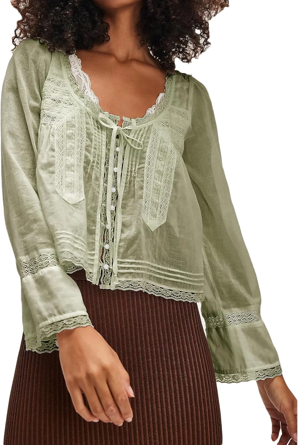 Women Tie Front Long Sleeve Top Lace Trim Button Shirt Square Neck Loose Blouse Going Out Y2k Coquette Clothes