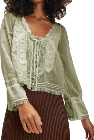 Women Tie Front Long Sleeve Top Lace Trim Button Shirt Square Neck Loose Blouse Going Out Y2k Coquette Clothes