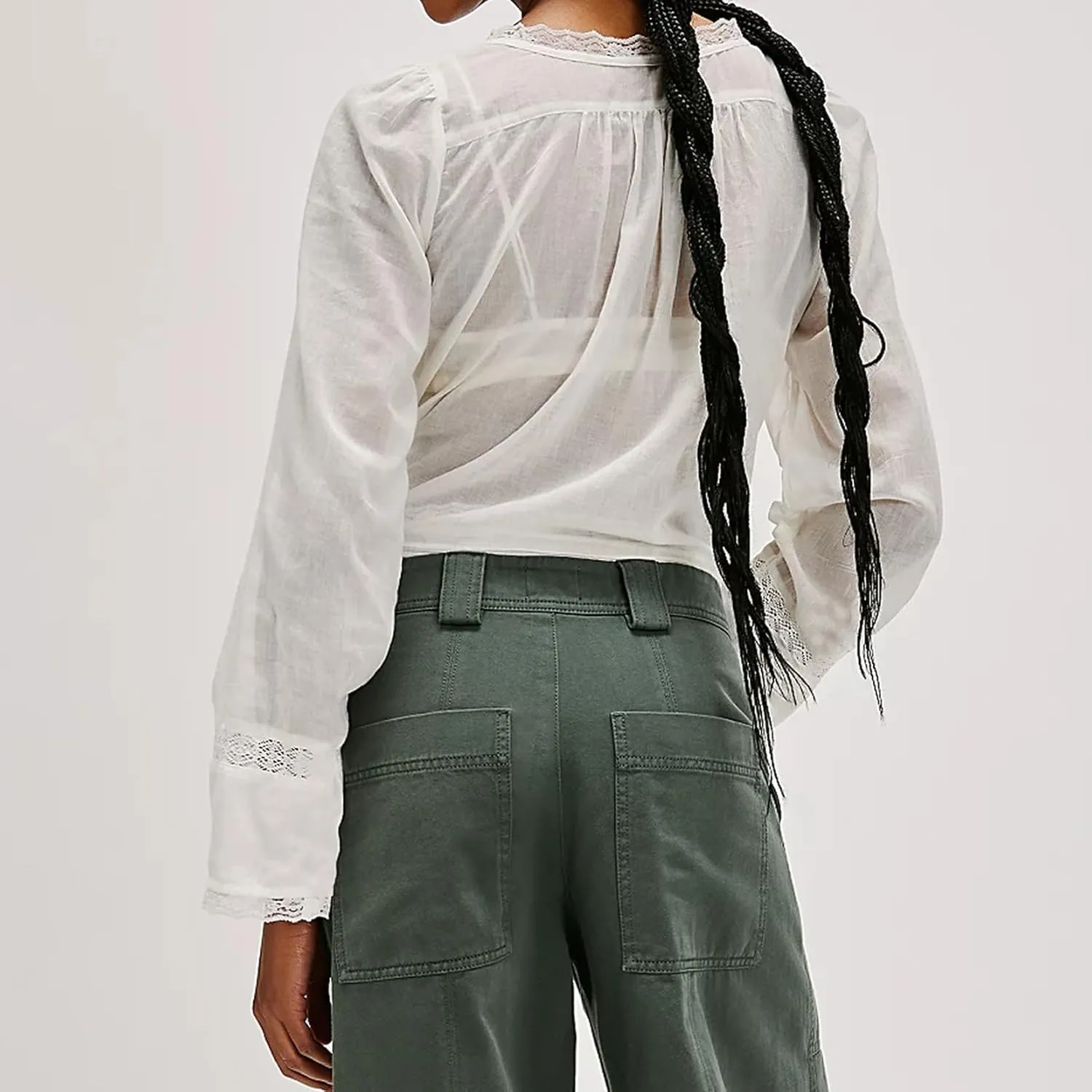 Women Tie Front Long Sleeve Top Lace Trim Button Shirt Square Neck Loose Blouse Going Out Y2k Coquette Clothes