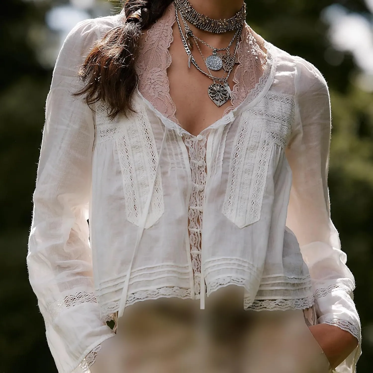 Women Tie Front Long Sleeve Top Lace Trim Button Shirt Square Neck Loose Blouse Going Out Y2k Coquette Clothes