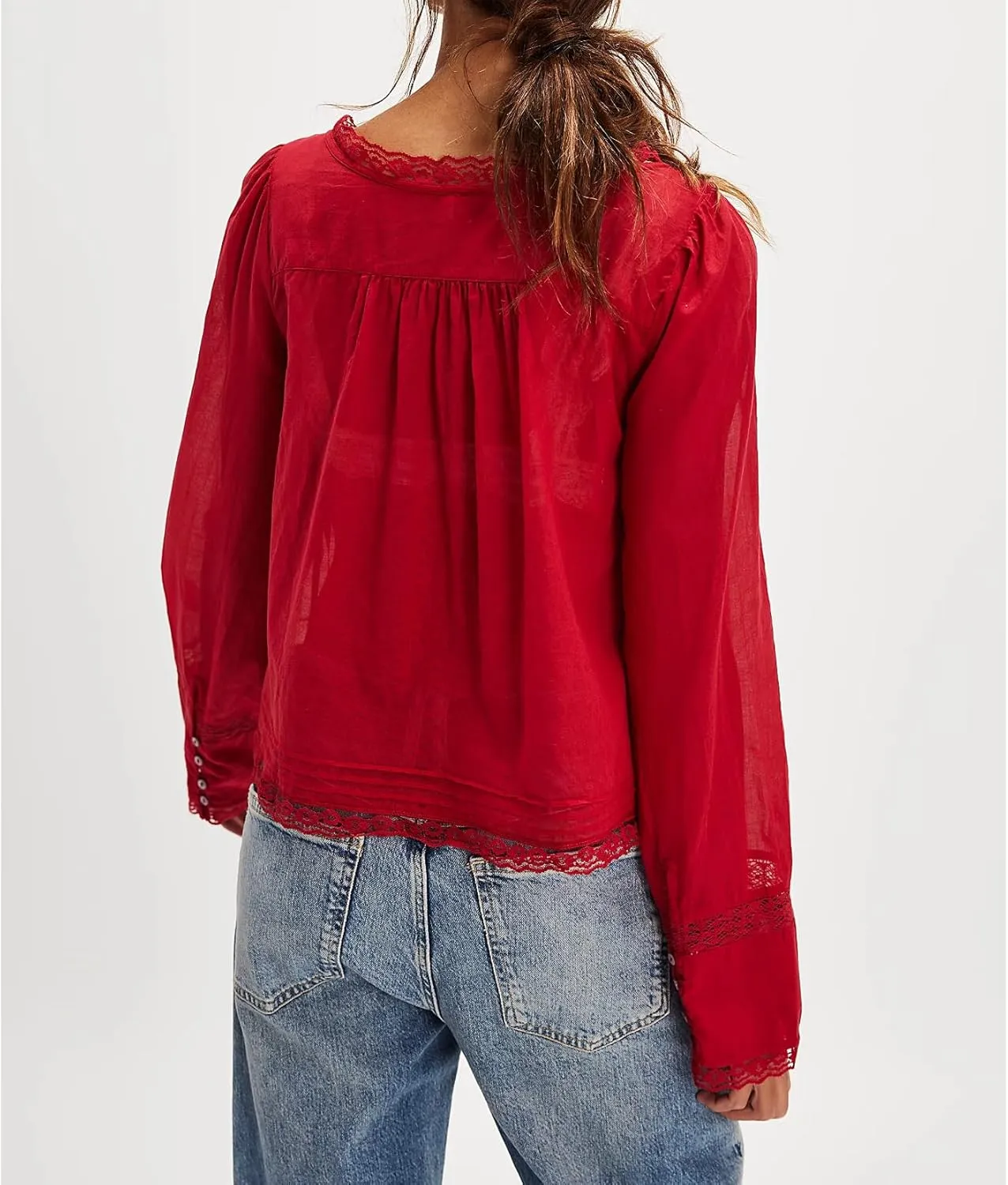 Women Tie Front Long Sleeve Top Lace Trim Button Shirt Square Neck Loose Blouse Going Out Y2k Coquette Clothes
