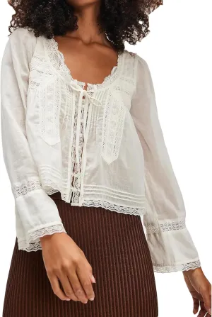 Women Tie Front Long Sleeve Top Lace Trim Button Shirt Square Neck Loose Blouse Going Out Y2k Coquette Clothes
