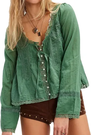 Women Tie Front Long Sleeve Top Lace Trim Button Shirt Square Neck Loose Blouse Going Out Y2k Coquette Clothes
