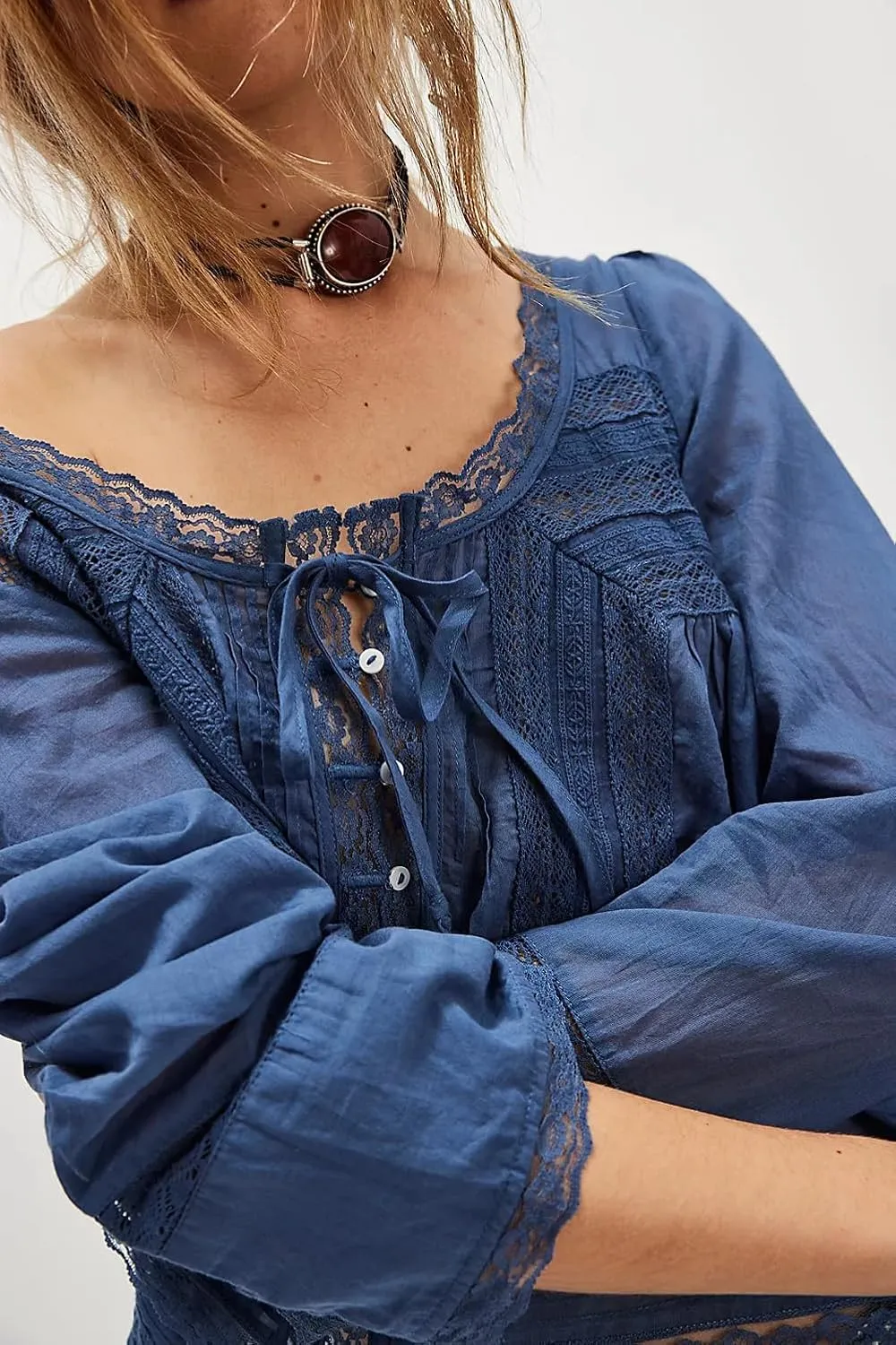 Women Tie Front Long Sleeve Top Lace Trim Button Shirt Square Neck Loose Blouse Going Out Y2k Coquette Clothes