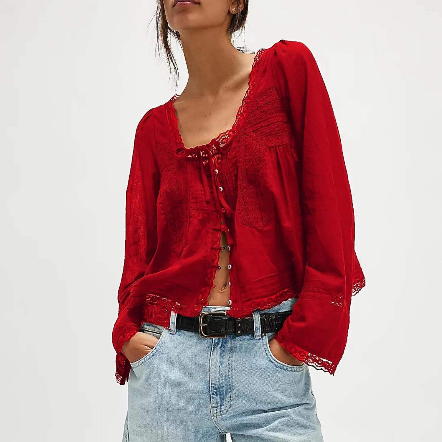 Women Tie Front Long Sleeve Top Lace Trim Button Shirt Square Neck Loose Blouse Going Out Y2k Coquette Clothes