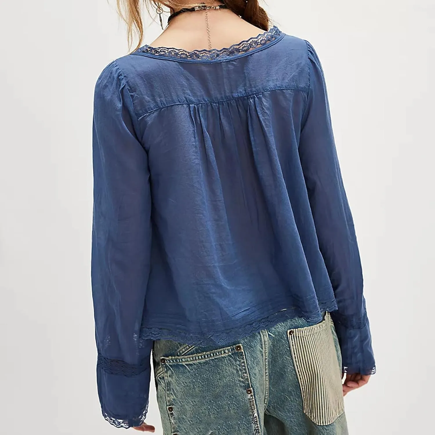 Women Tie Front Long Sleeve Top Lace Trim Button Shirt Square Neck Loose Blouse Going Out Y2k Coquette Clothes