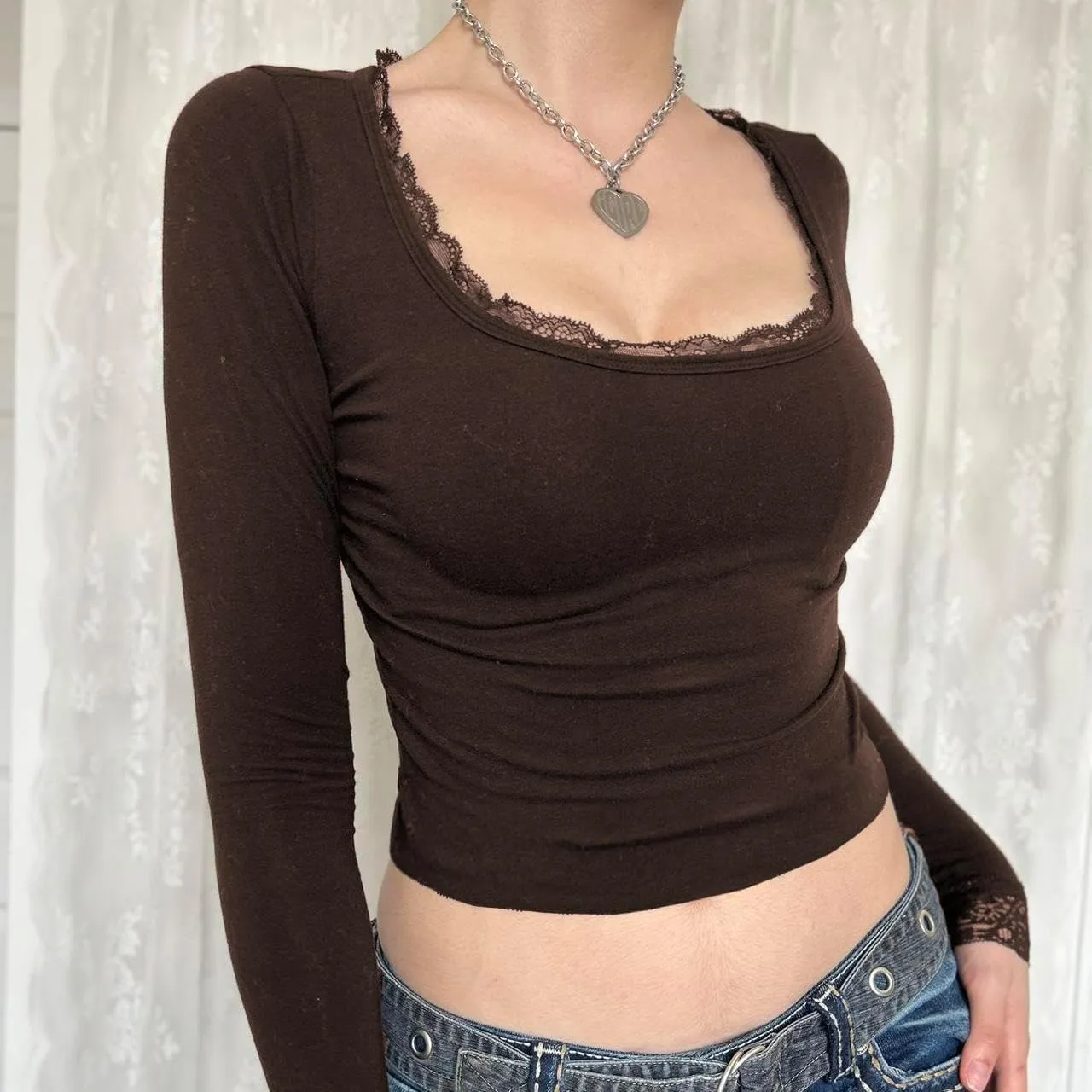 Women Y2k Retro Long Sleeve Shirt Top Slim Fit Lace Trim T-Shirt Harajuku Fairy Aesthetic Tee Tops Streetwear