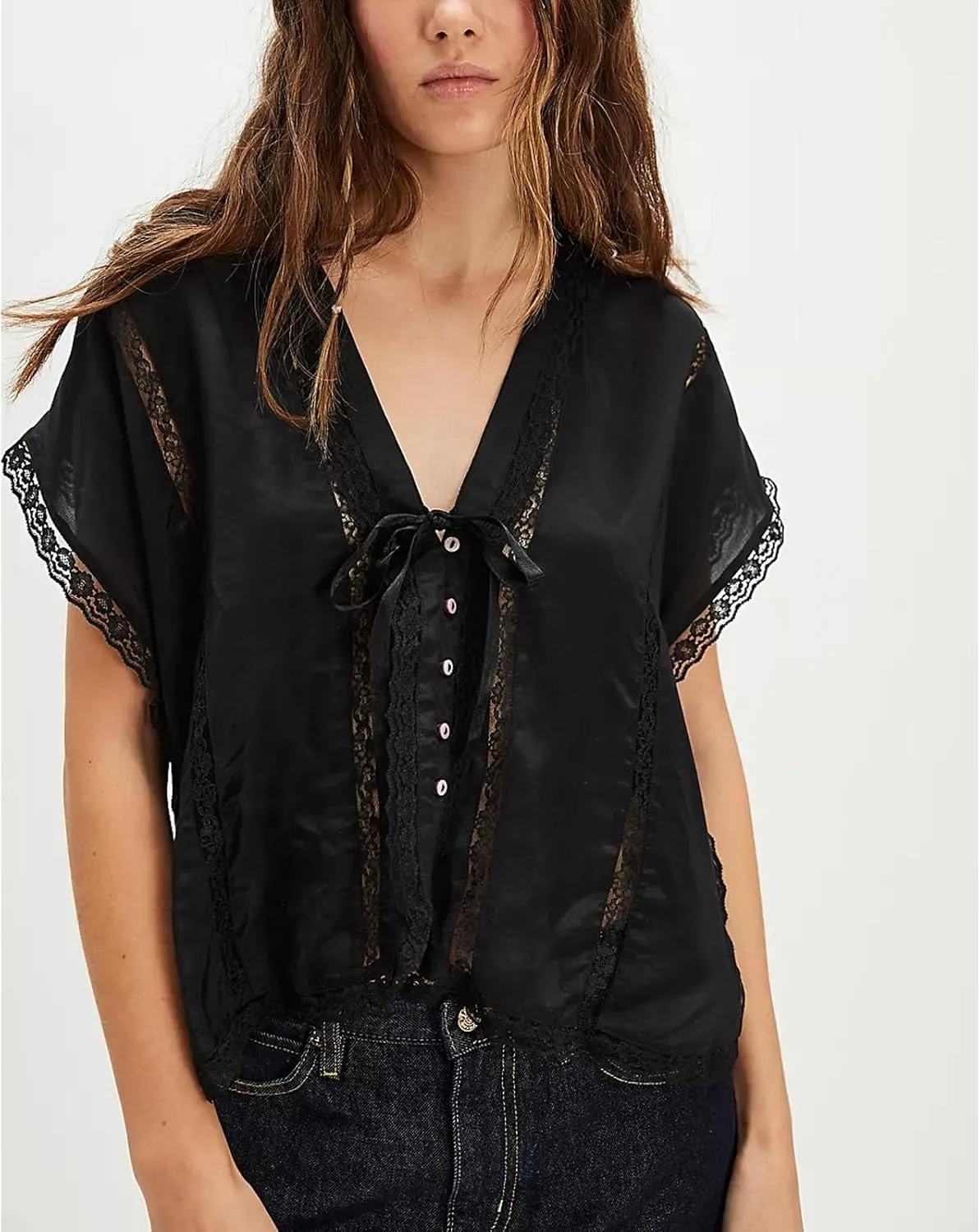 Women Y2k Sheer Lace Trim Button Up Tank Tops Cute Front Tie Up V Neck Going Out Blouse Shirts Vest Summer