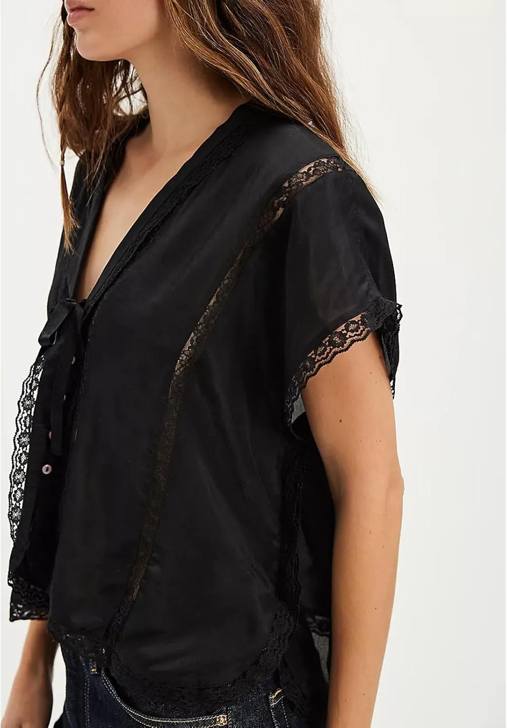 Women Y2k Sheer Lace Trim Button Up Tank Tops Cute Front Tie Up V Neck Going Out Blouse Shirts Vest Summer