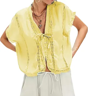 Women Y2k Sheer Lace Trim Button Up Tank Tops Cute Front Tie Up V Neck Going Out Blouse Shirts Vest Summer