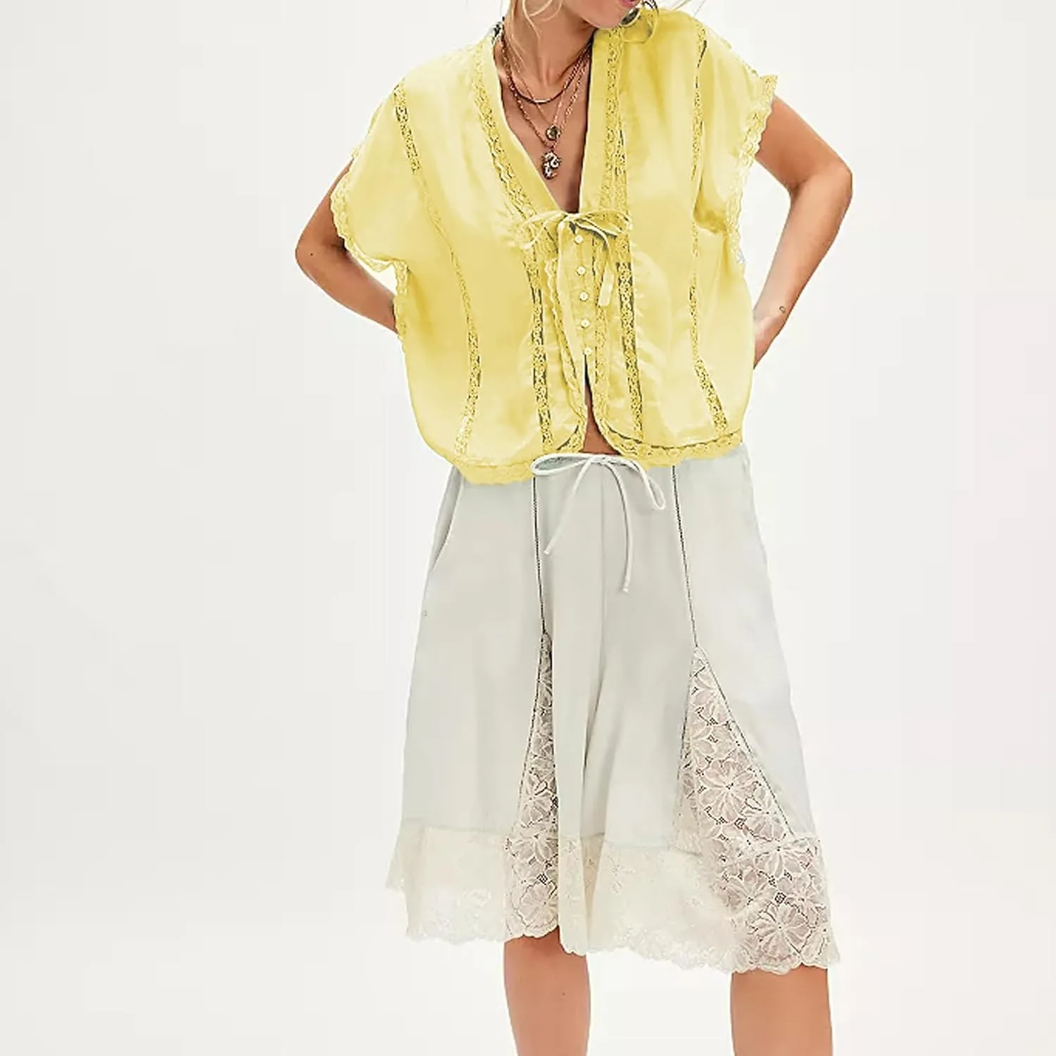 Women Y2k Sheer Lace Trim Button Up Tank Tops Cute Front Tie Up V Neck Going Out Blouse Shirts Vest Summer