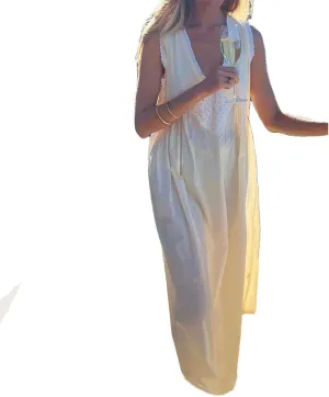 Women Y2K Solid Flowy Long Dress Cottagecore Lace Trim V Neck Sleeveless Maxi Dress Smocked Summer Beach Sundresses