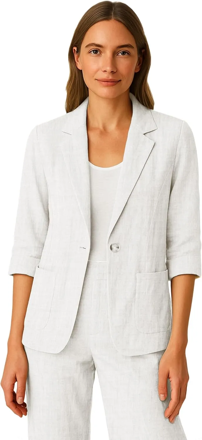 Women's 3/4 Sleeve Linen Blazer 2025 Summer Lightweight Fully-Lined Lapel Button Casual Work Jacket Pockets