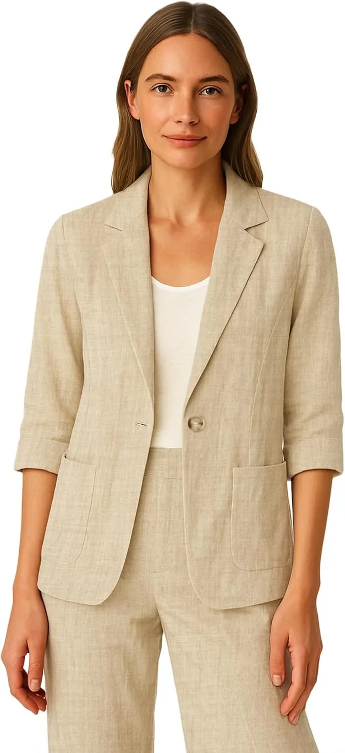 Women's 3/4 Sleeve Linen Blazer 2025 Summer Lightweight Fully-Lined Lapel Button Casual Work Jacket Pockets
