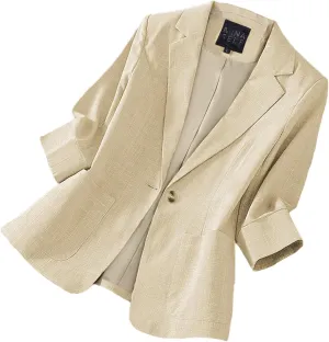 Women's 3/4 Sleeve Linen Blazer 2025 Summer Lightweight Fully-Lined Lapel Button Casual Work Jacket Pockets