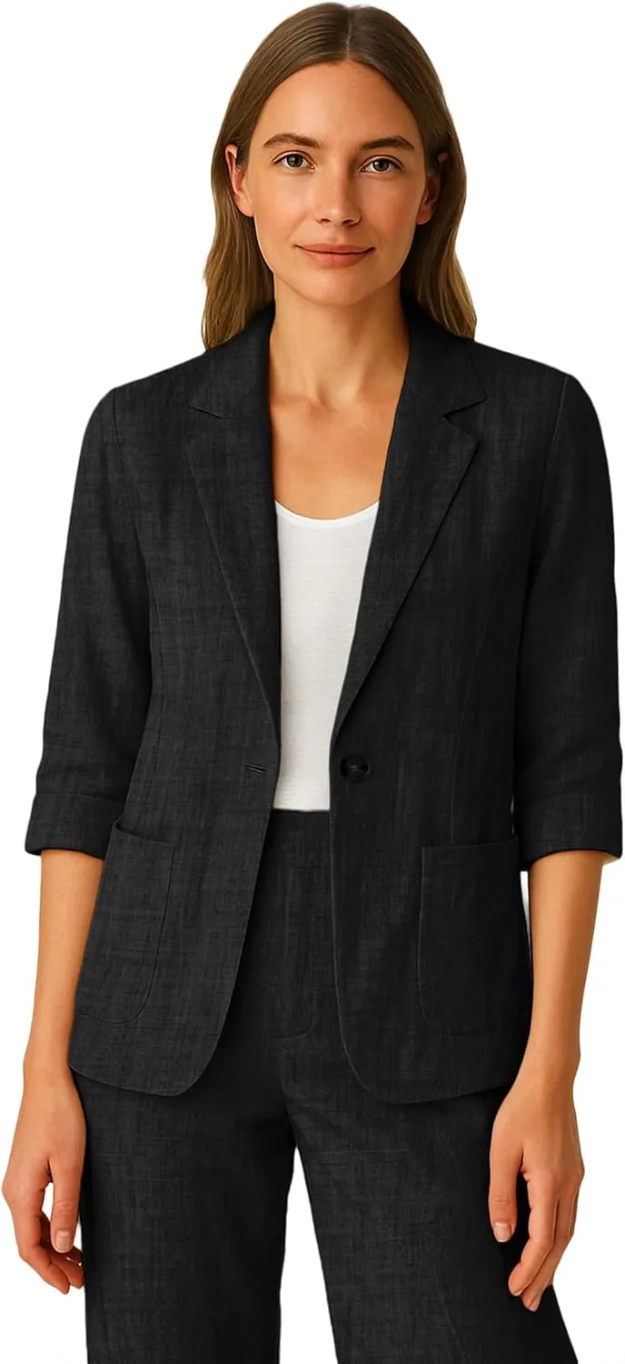 Women's 3/4 Sleeve Linen Blazer 2025 Summer Lightweight Fully-Lined Lapel Button Casual Work Jacket Pockets