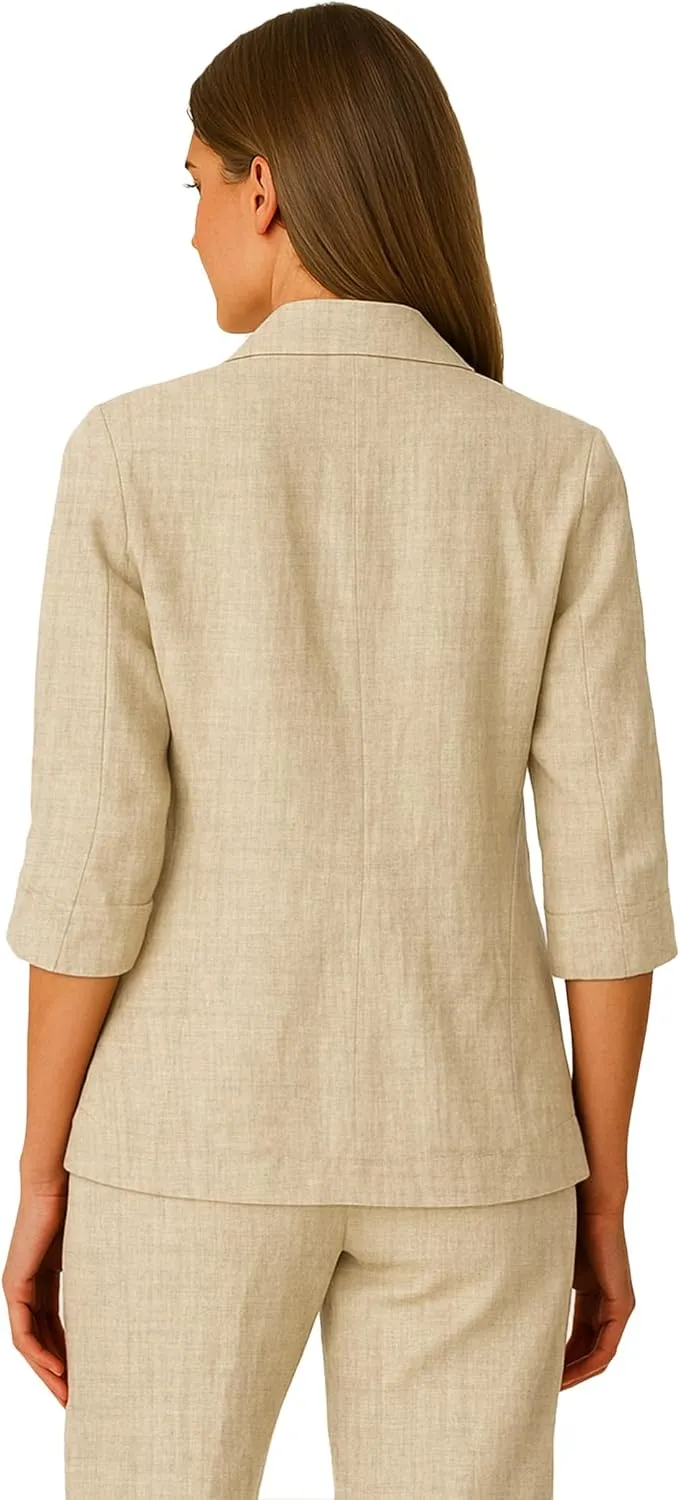 Women's 3/4 Sleeve Linen Blazer 2025 Summer Lightweight Fully-Lined Lapel Button Casual Work Jacket Pockets