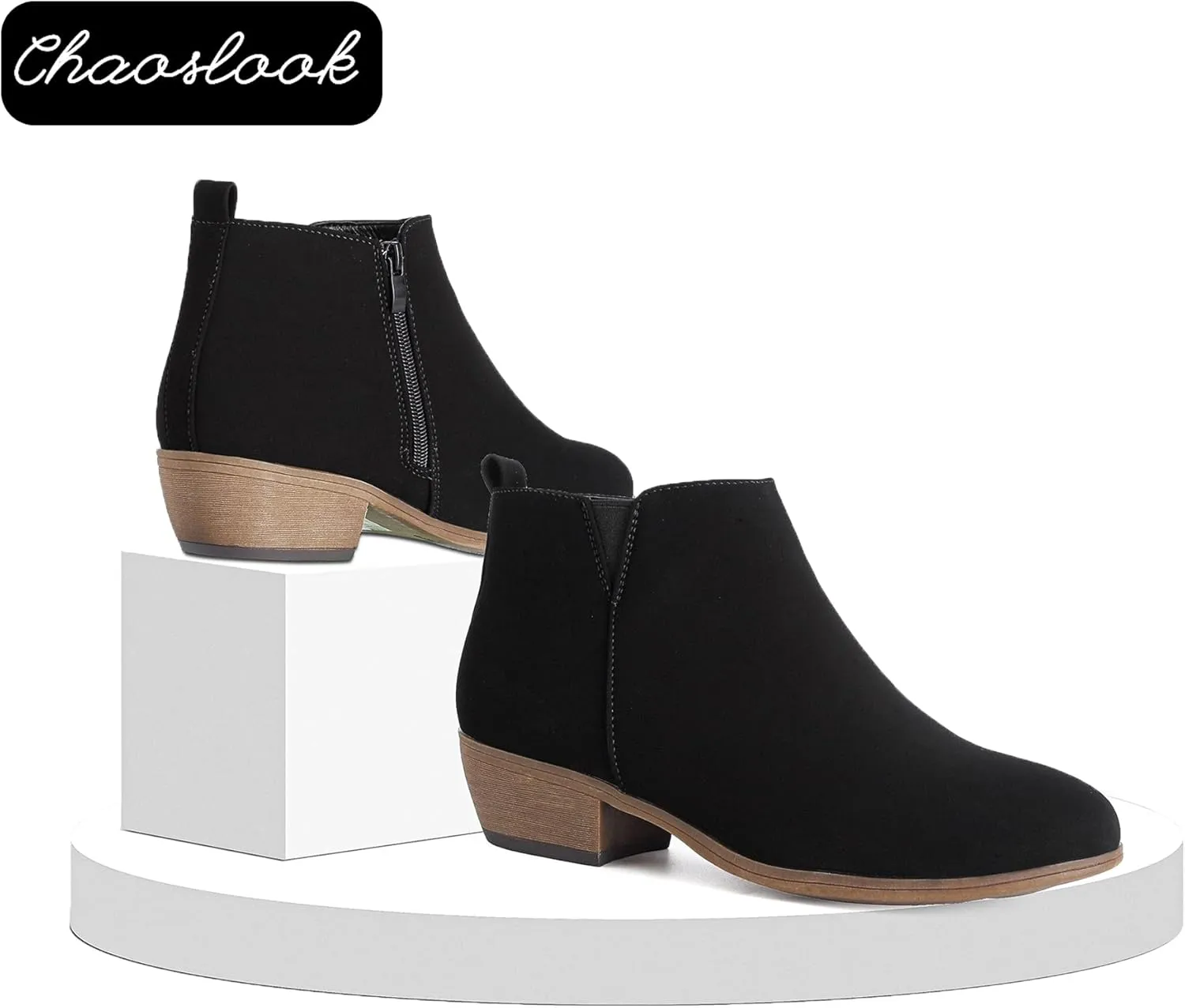 Womens Ankle Booties Low Heels Chunky Comfortable Leather Short Ankle Boots Round Toe With Side Zipper
