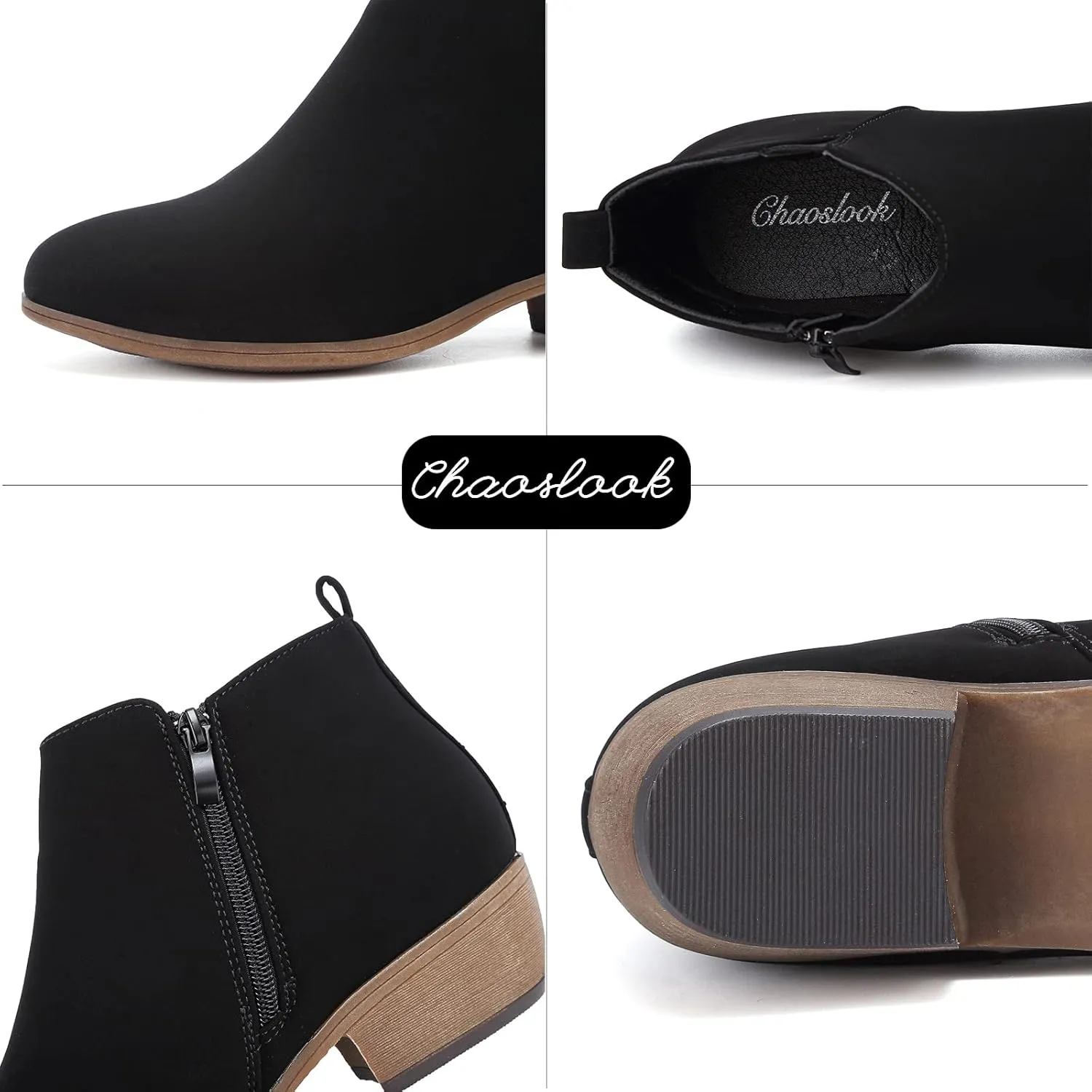 Womens Ankle Booties Low Heels Chunky Comfortable Leather Short Ankle Boots Round Toe With Side Zipper