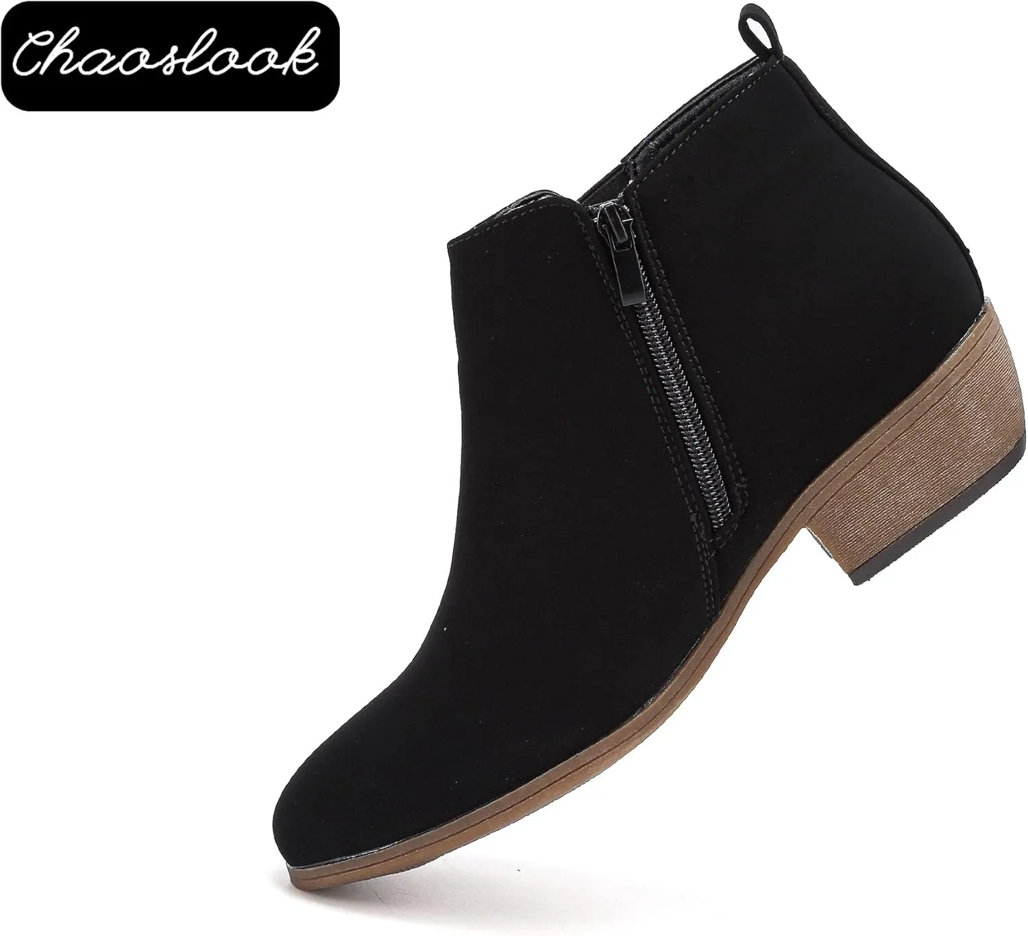 Womens Ankle Booties Low Heels Chunky Comfortable Leather Short Ankle Boots Round Toe With Side Zipper