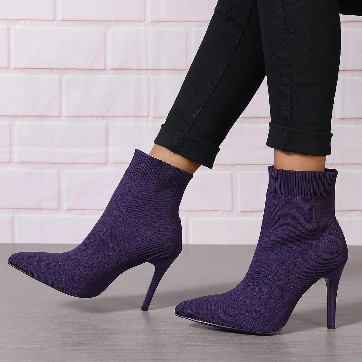 Women's Ankle Boots Stretch Elastic Knit Pointed Toe Stiletto Heel Breathable Fashion Sock Booties