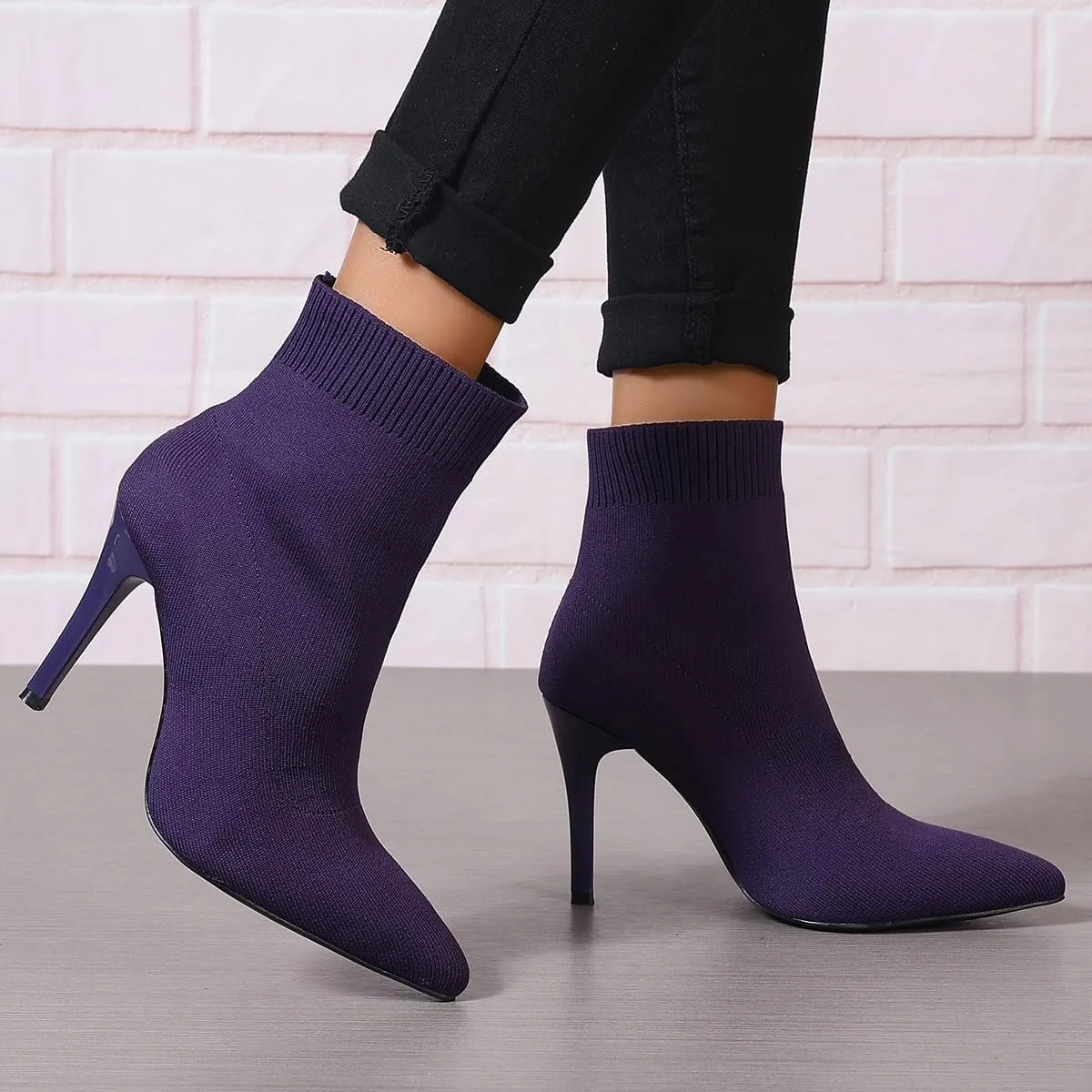 Women's Ankle Boots Stretch Elastic Knit Pointed Toe Stiletto Heel Breathable Fashion Sock Booties