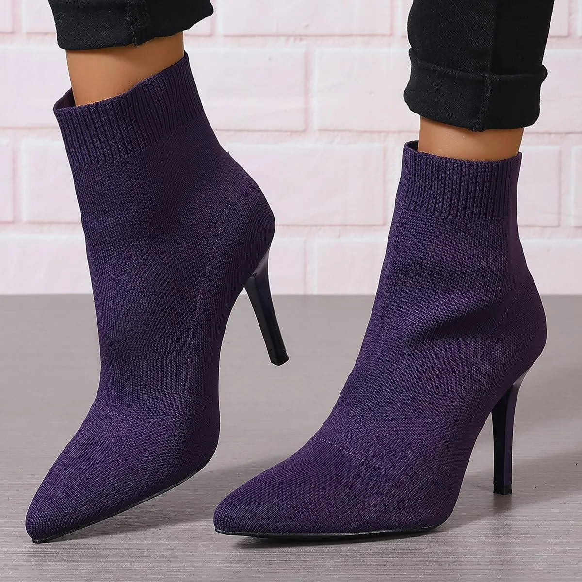 Women's Ankle Boots Stretch Elastic Knit Pointed Toe Stiletto Heel Breathable Fashion Sock Booties