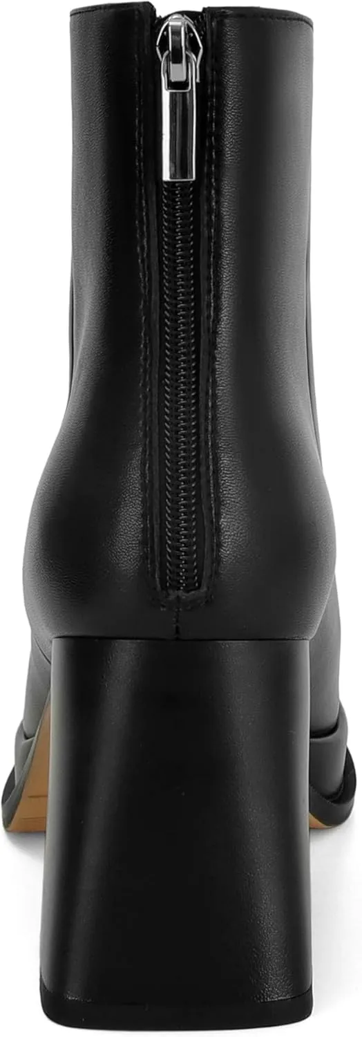 Women's Black Leather Platform GoGo Ankle Boots Square Toe High Chunky Block Heels with Back Zipper Comfort Party Dress Booties Shoes
