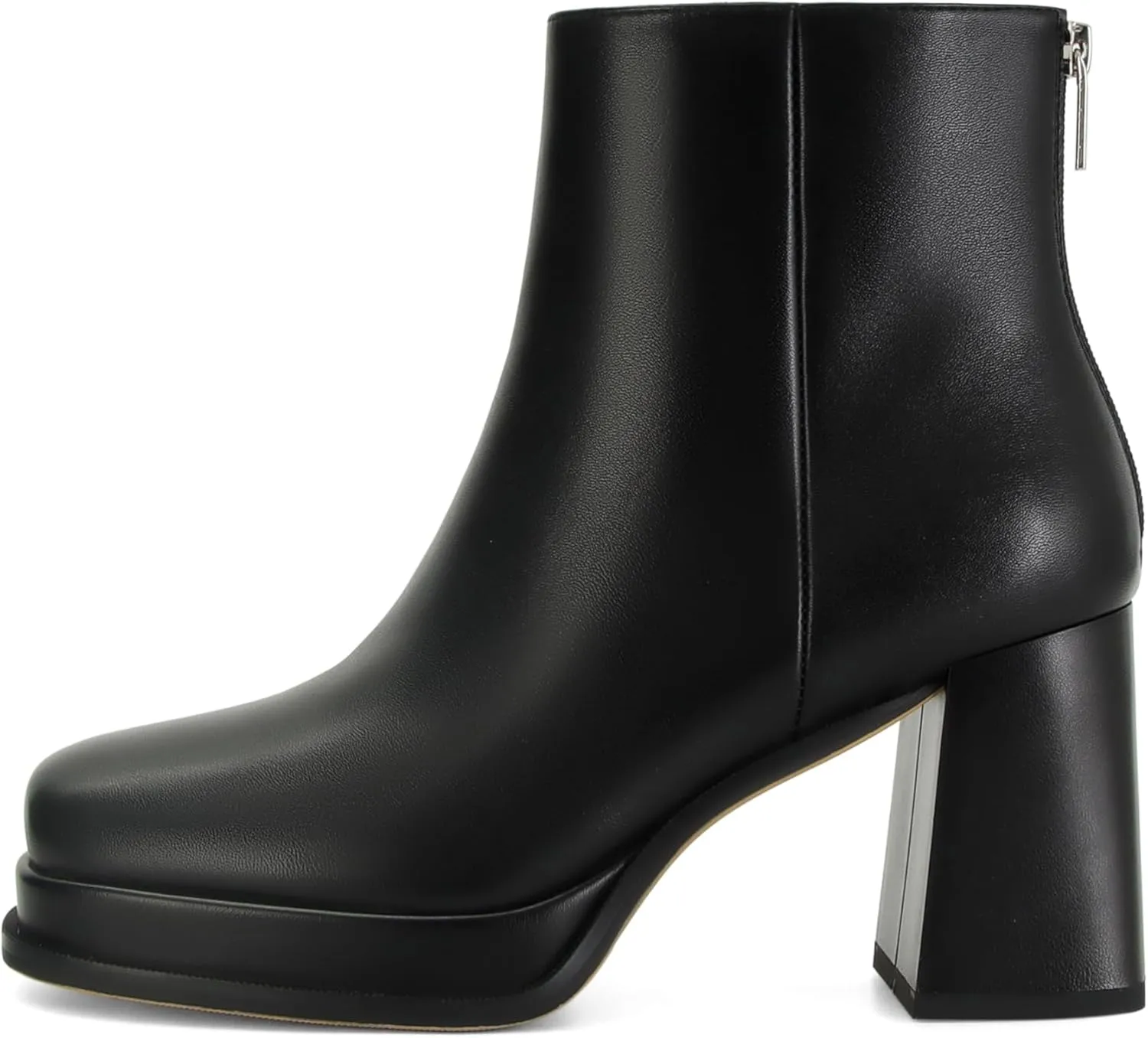 Women's Black Leather Platform GoGo Ankle Boots Square Toe High Chunky Block Heels with Back Zipper Comfort Party Dress Booties Shoes