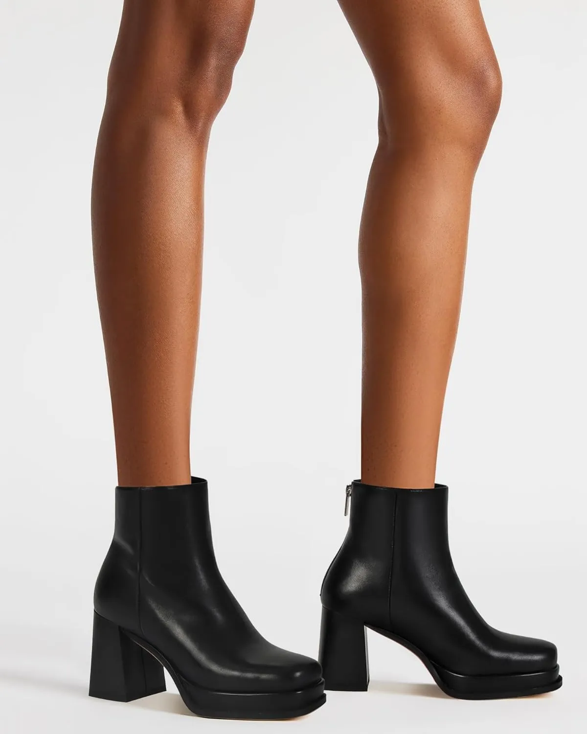 Women's Black Leather Platform GoGo Ankle Boots Square Toe High Chunky Block Heels with Back Zipper Comfort Party Dress Booties Shoes