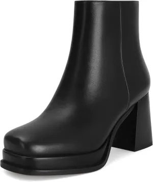 Women's Black Leather Platform GoGo Ankle Boots Square Toe High Chunky Block Heels with Back Zipper Comfort Party Dress Booties Shoes