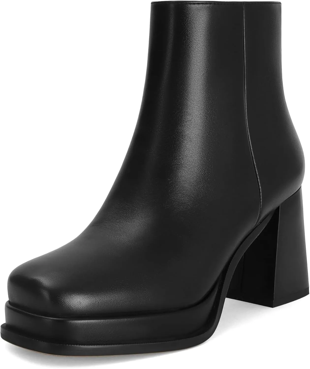 Women's Black Leather Platform GoGo Ankle Boots Square Toe High Chunky Block Heels with Back Zipper Comfort Party Dress Booties Shoes