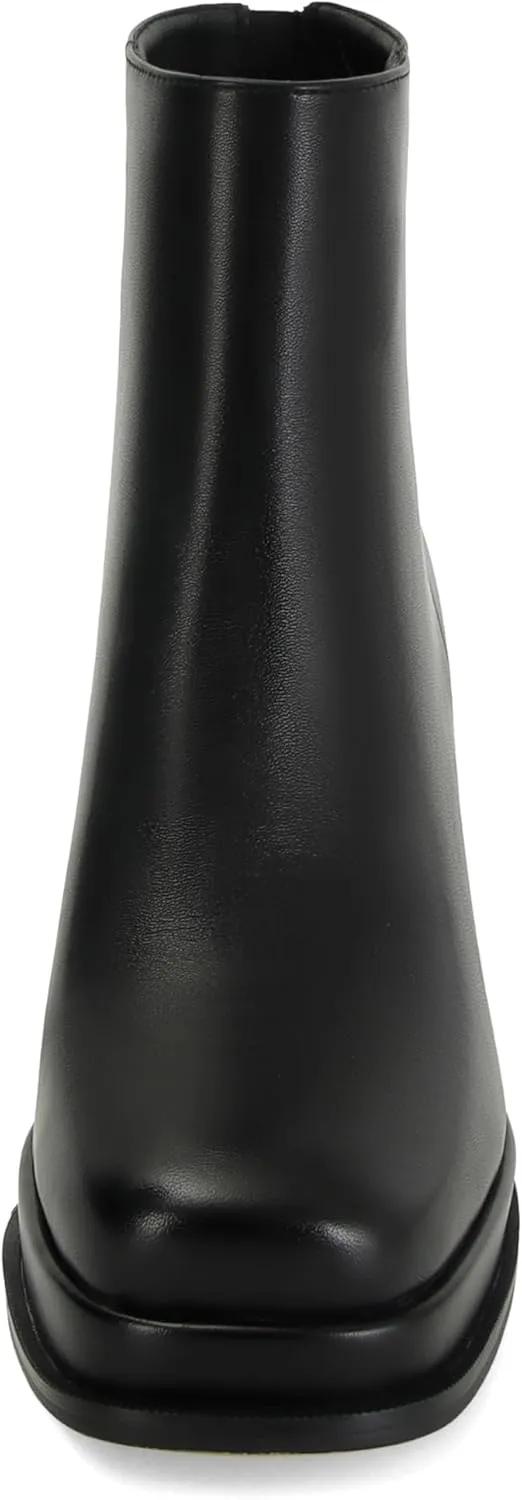 Women's Black Leather Platform GoGo Ankle Boots Square Toe High Chunky Block Heels with Back Zipper Comfort Party Dress Booties Shoes