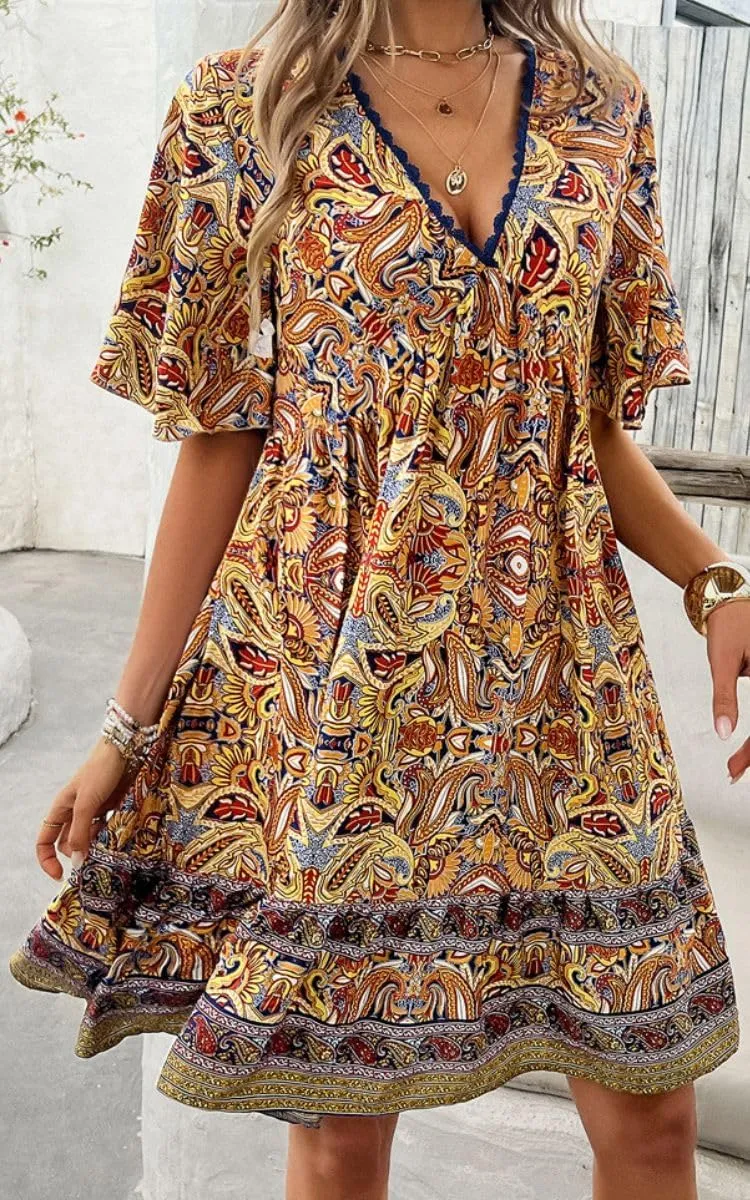 Women's Boho Floral Printed Lace Dress Loose V-Neck Summer Casual Beach Flowy Ruffle Sleeve Babydoll Dress