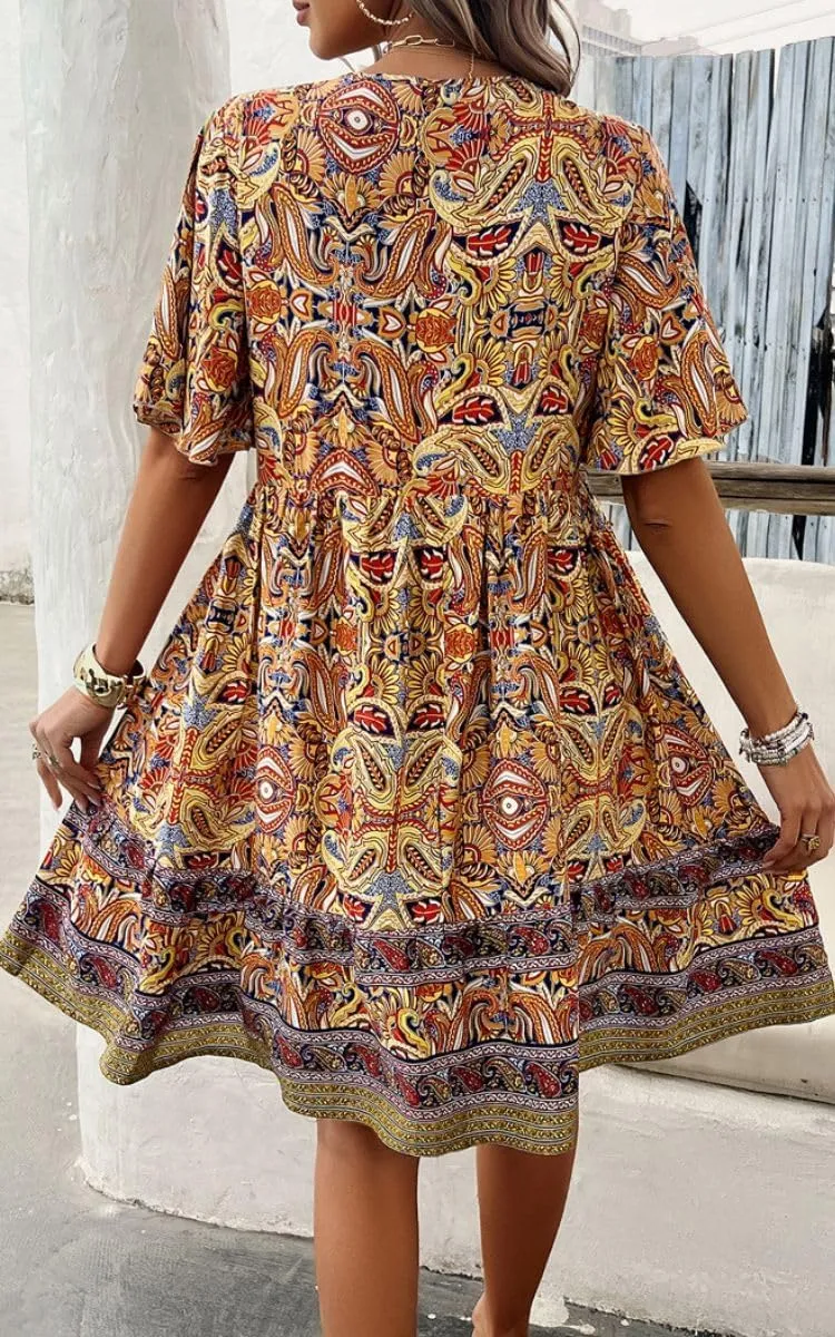 Women's Boho Floral Printed Lace Dress Loose V-Neck Summer Casual Beach Flowy Ruffle Sleeve Babydoll Dress