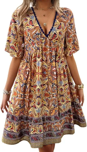 Women's Boho Floral Printed Lace Dress Loose V-Neck Summer Casual Beach Flowy Ruffle Sleeve Babydoll Dress