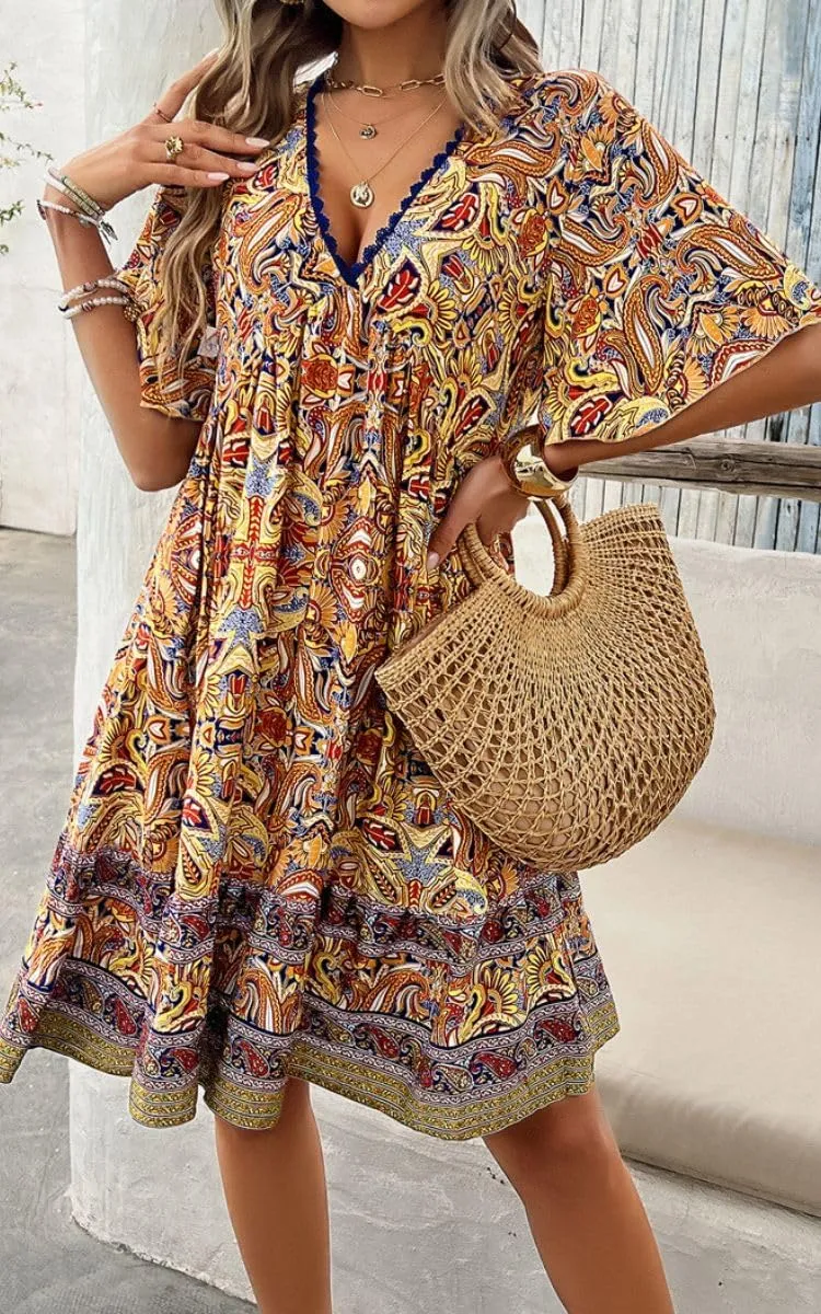 Women's Boho Floral Printed Lace Dress Loose V-Neck Summer Casual Beach Flowy Ruffle Sleeve Babydoll Dress