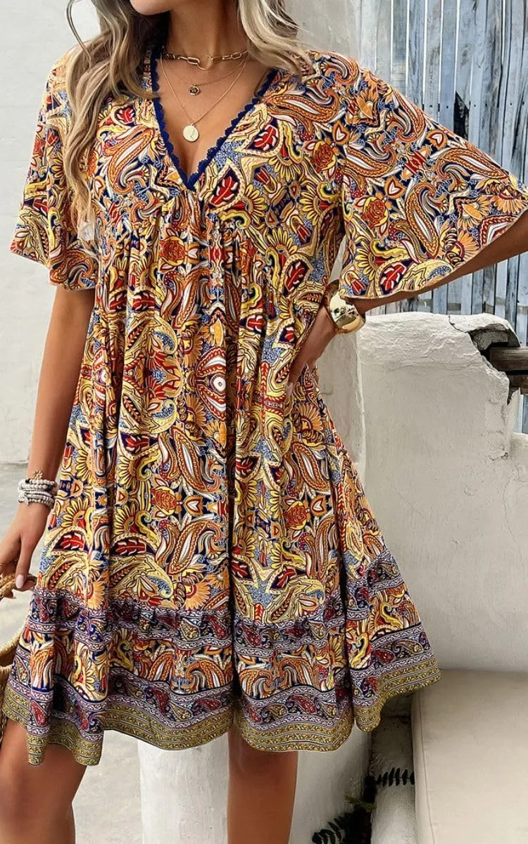 Women's Boho Floral Printed Lace Dress Loose V-Neck Summer Casual Beach Flowy Ruffle Sleeve Babydoll Dress